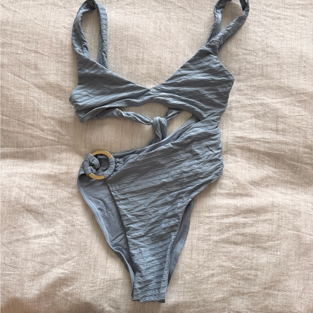 Monday Swimwear One-Piece Swimsuit in Light Blue with Gold Ring “St. Barths”